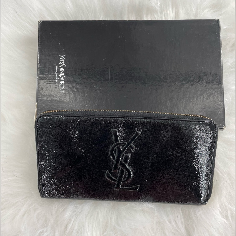PRE OWNED Authentic YSL Saint Laurent Wallet Clutch Leather Black/ Gold Zipper